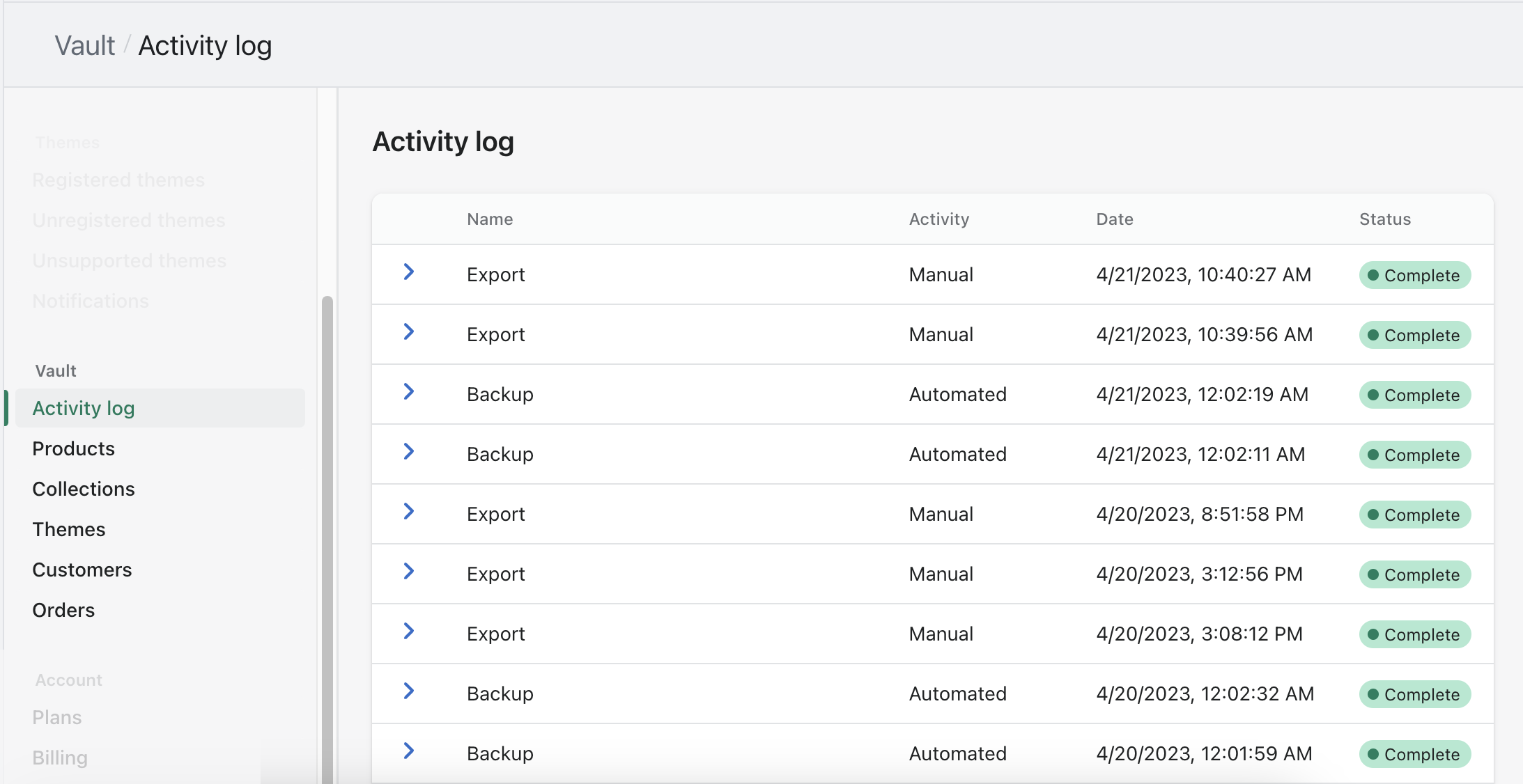 activity_log_with_exports_and_backups_visible_in_theme_updater_plus_vault.png