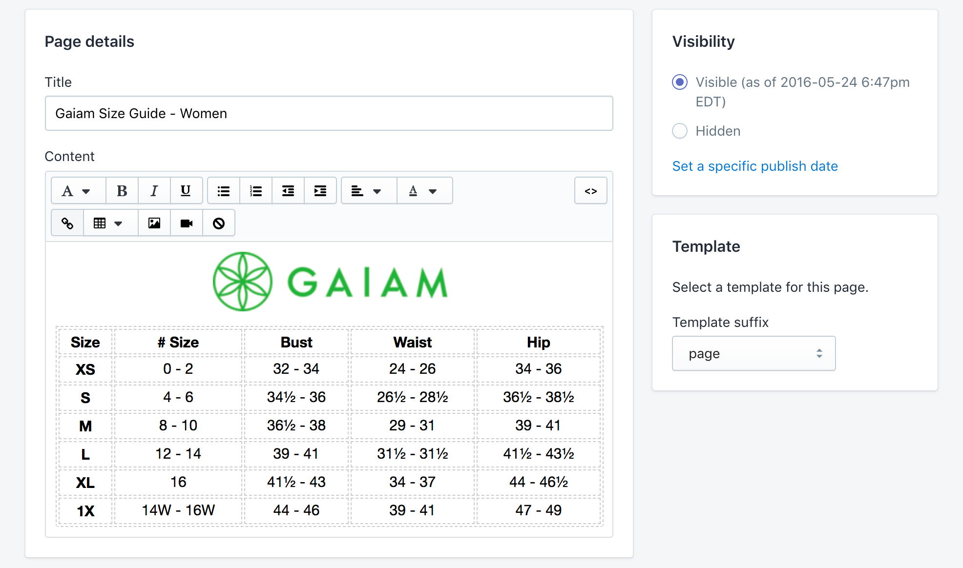 Pop Up Size Chart Shopify