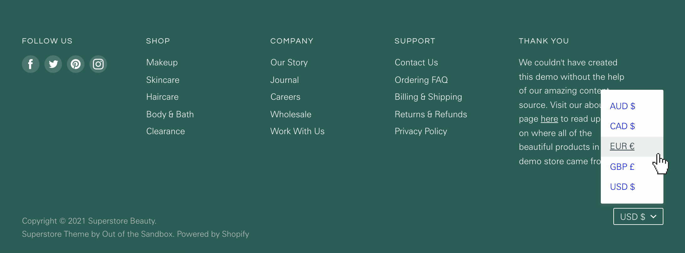 superstore_beauty_footer_with_menus_social_links_and_currency_selector.png