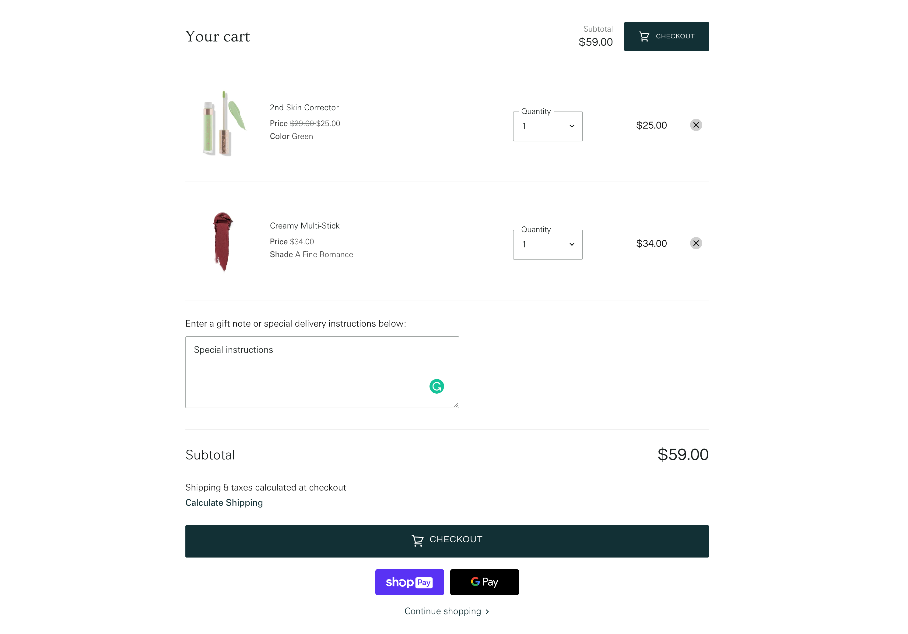 cart page in superstore beauty with two items.png