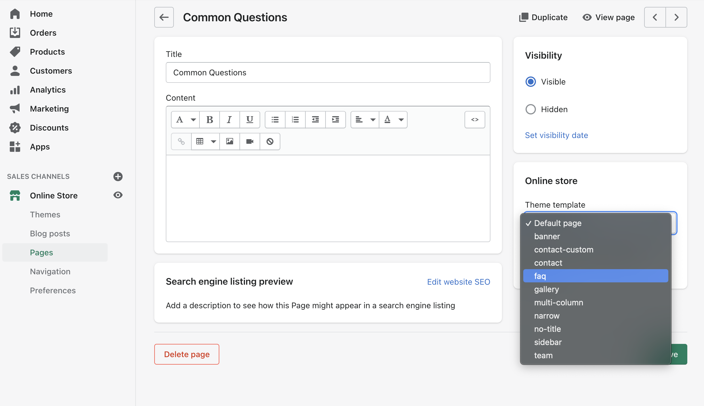 selecting faq from available theme templates for pages.png