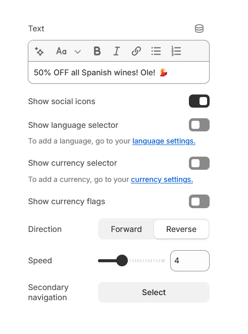 Vino Announcement bar settings.PNG