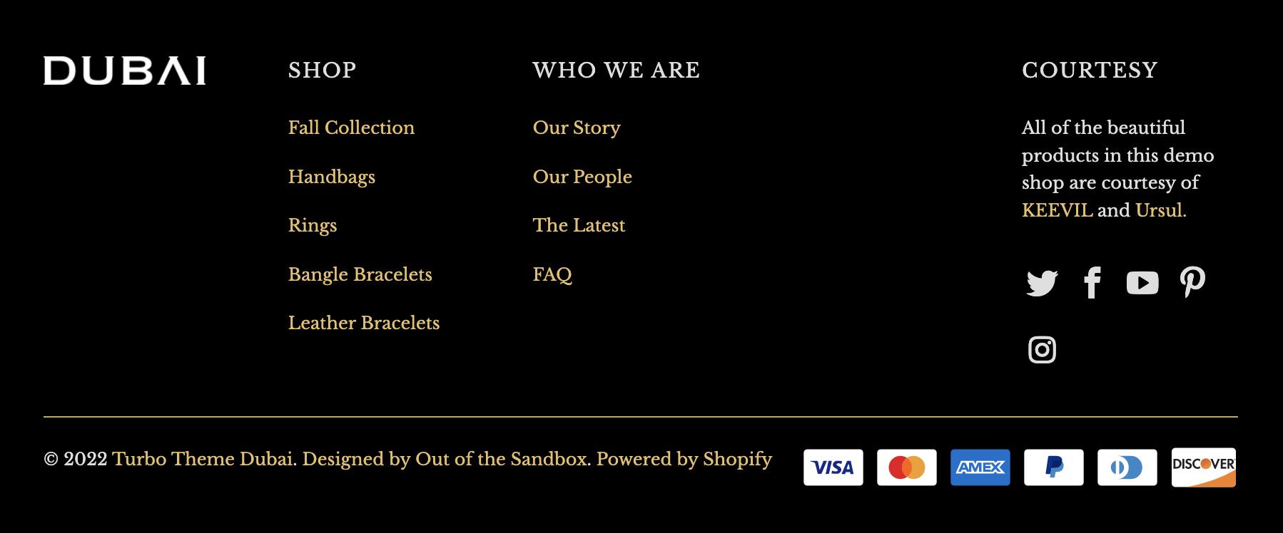 footer in turbo dubai demo with menus text logo social icons.png